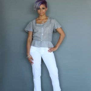 Button Front Peplum Blouse and Slim Ankle Pants