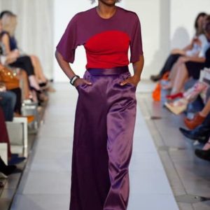 Purple Wide Leg Satin Pants and dolman sleeve shirt