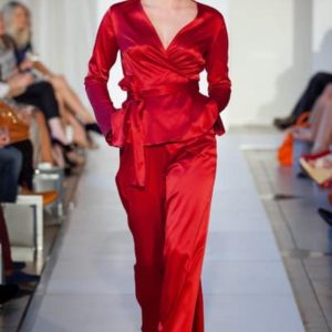 Red Satin wide Leg Pant and Satin Wrap Blouse