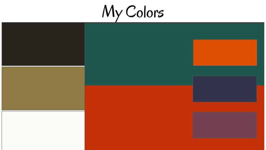 My summer capsule collection color palette. dark gray, camel, off-white, teal, brick red, orange, navy and red-violet.